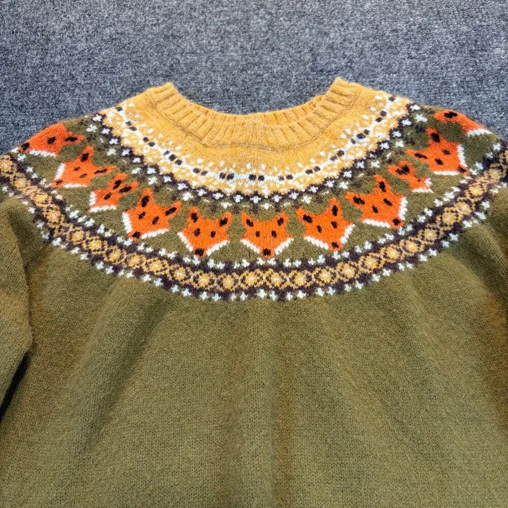 Fair Isle Highland Fox Soft Crewneck Sweater Green Yellow Orange Size Large